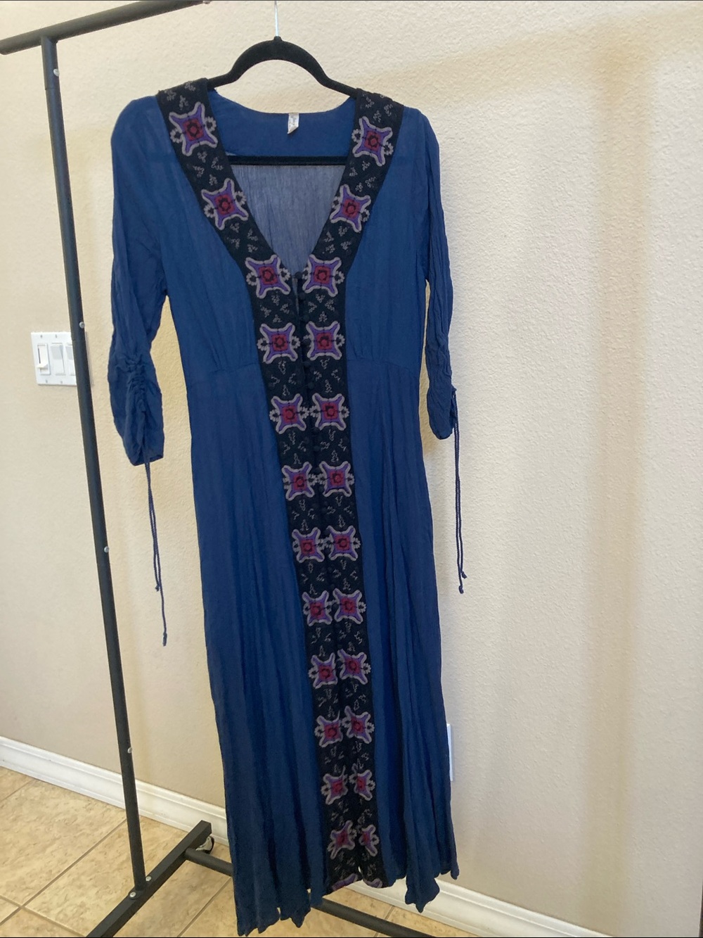 Free People Boho Embroidered V-Neck Maxi Dress in Navy